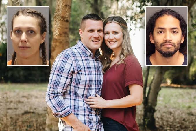 Jared Bridegan, the Microsoft executive shot dead in Jacksonville Beach, Florida, in 2022, with his wife, with inset booking photos of Shanna Gardner and a co-defendant in the murder-for-hire case