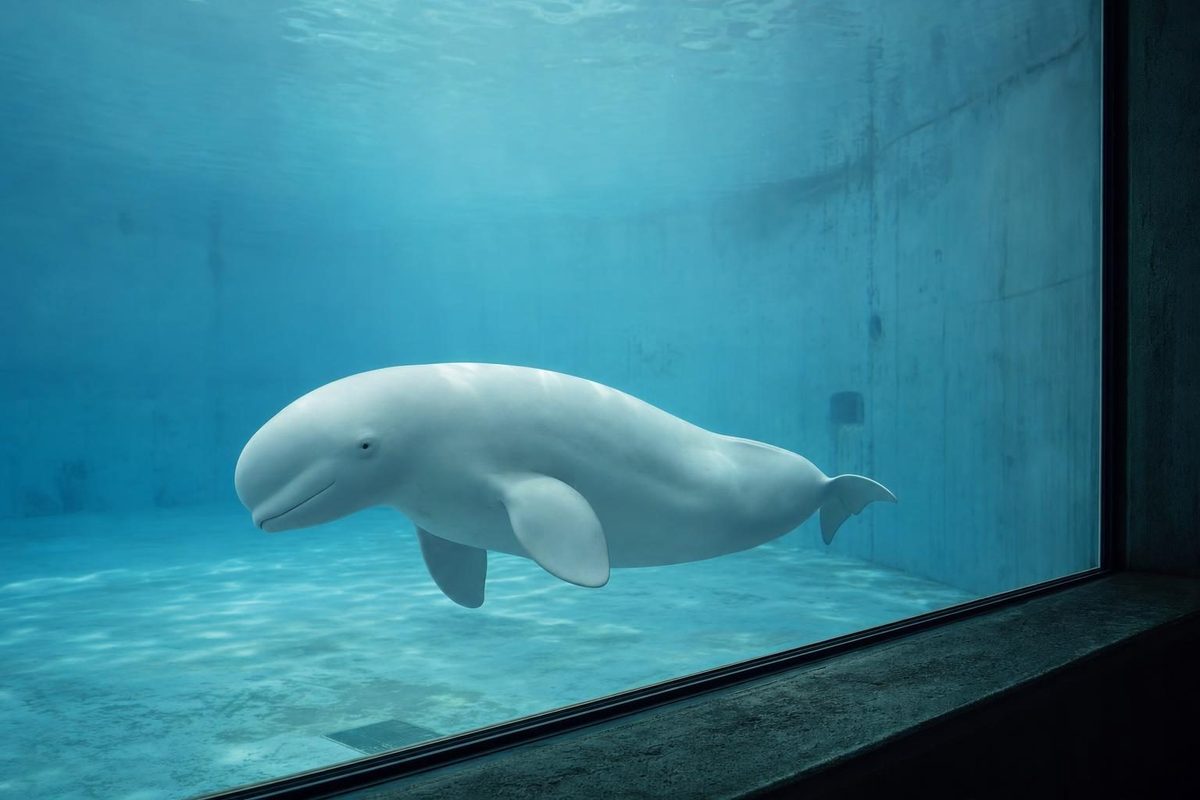 A lone white beluga whale swimming in a bare blue concrete aquarium tank, seen through thick viewing glass