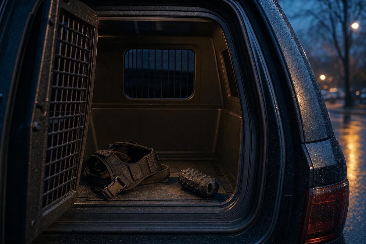 The empty rear dog compartment of a police vehicle at dusk, its cage door open, with a folded black K-9 harness and a rubber chew toy on the floor and rain on the street outside