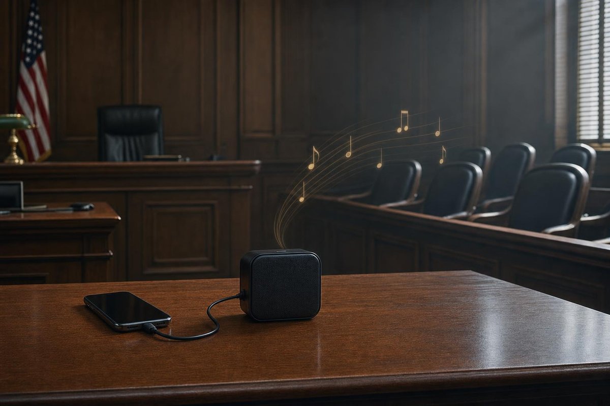 An empty wood-panelled courtroom with a smartphone plugged into a small black speaker on the evidence table, musical notes drifting towards the empty jury box