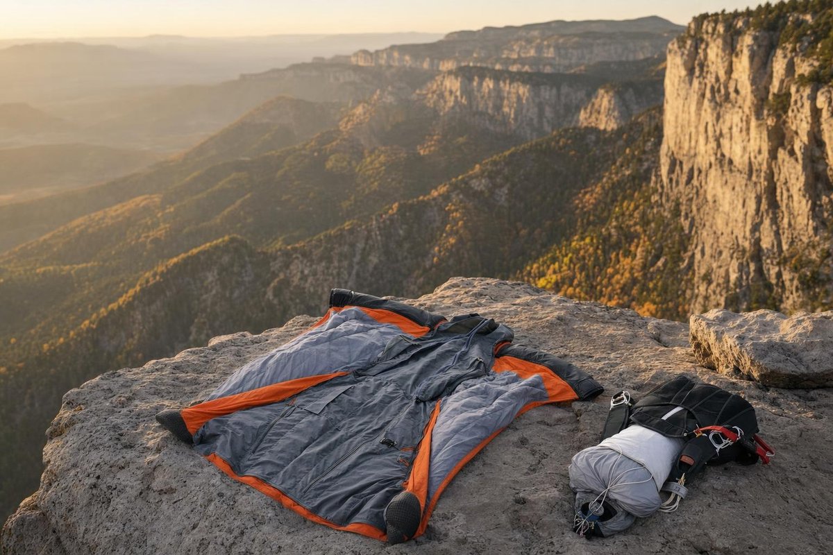 An empty grey and orange wingsuit and a packed parachute rig laid out on the rocky edge of a tall cliff, high above a forested mountain canyon in autumn colours at sunrise