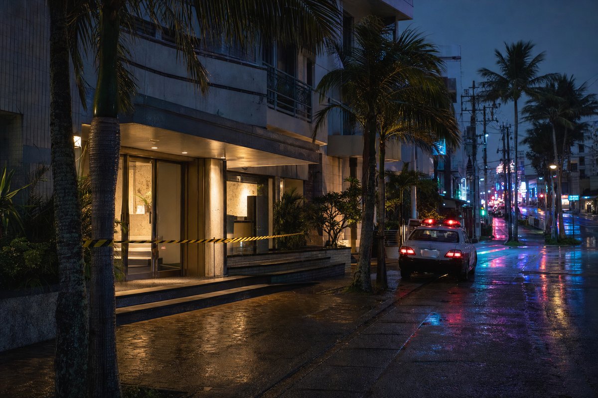 Illustration of a quiet hotel entrance at night in a subtropical seaside city, with palm trees, rain-slicked pavement, hazard tape across the lit doorway and a police car with red lights parked at the curb