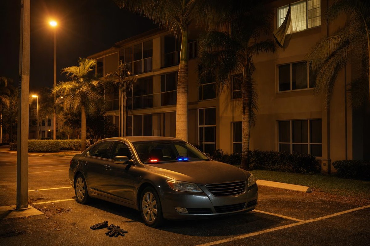 A grey sedan with small red and blue lights glowing on its dashboard, parked alone at night outside a three-storey apartment block lit by orange streetlights and palm trees, with a pair of black gloves on the asphalt and a curtain blowing out of an open top-floor window