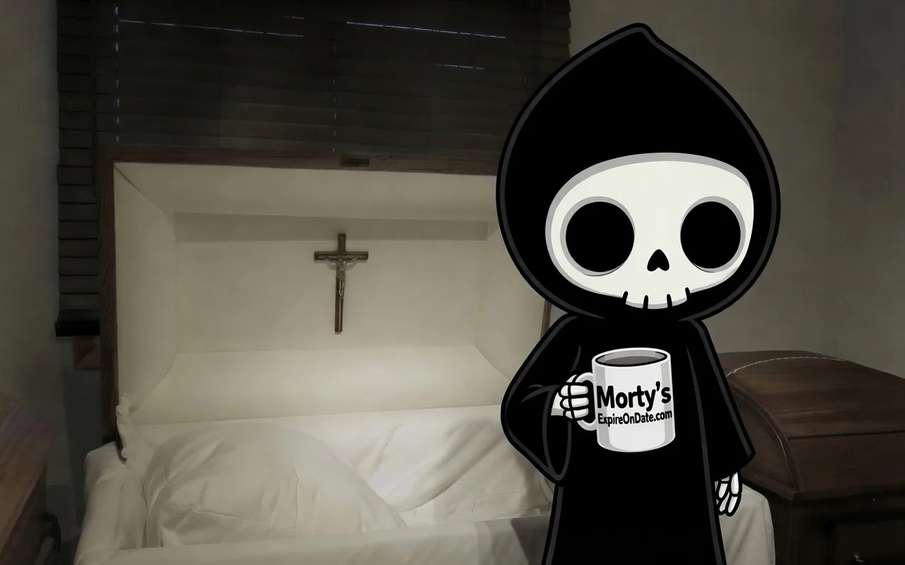 Morty, the Reaper's intern, holding a coffee mug beside an open casket